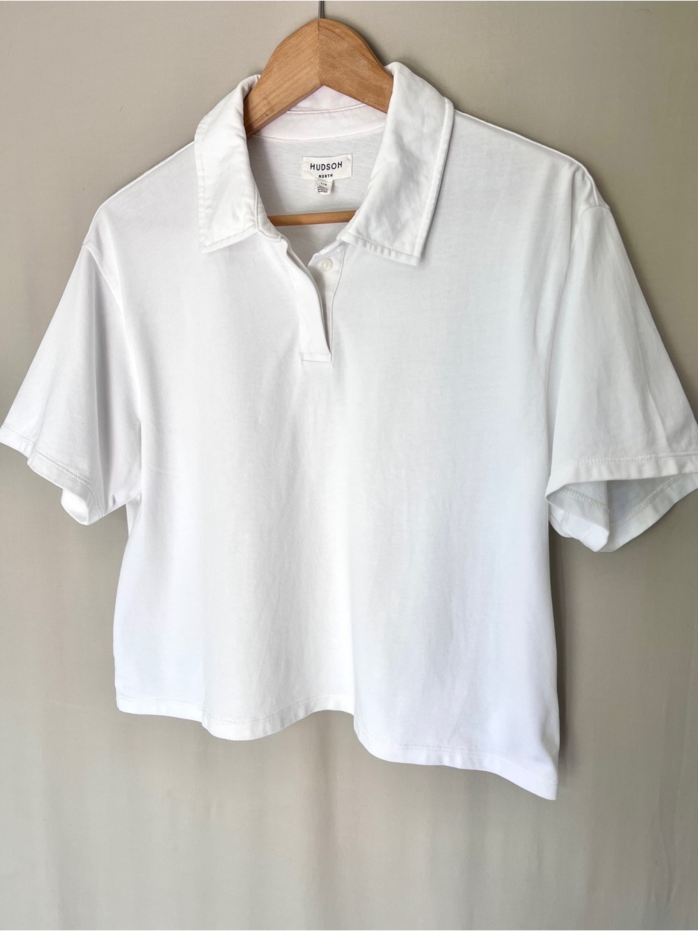Hudson North Organic Cotton Polo Shirt White Cropped Boxy L Minimalist Preppy - Picture 9 of 9